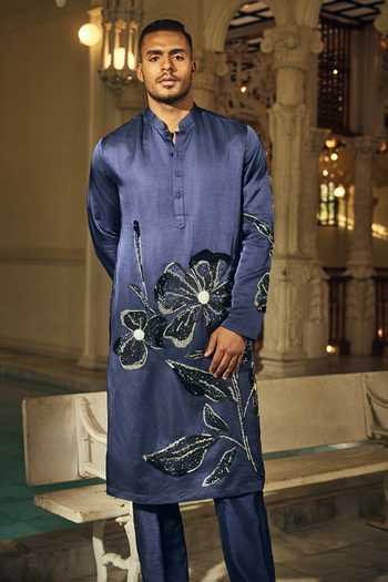 Mahima Mahajan_Navy Satin, Linen Embroidery Pran Kurta And Pant Set _at_Aza_Fashions