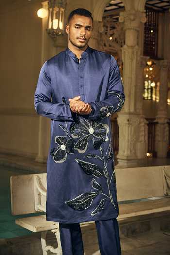 Buy_Mahima Mahajan_Navy Satin, Linen Embroidery Pran Kurta And Pant Set 