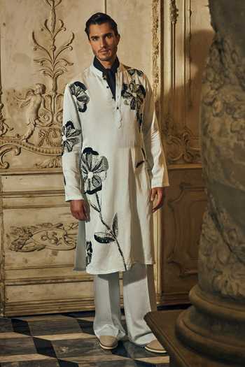 Buy_Mahima Mahajan_Blue Satin, Linen Embroidery Vedant Kurta And Pant Set _Online_at_Aza_Fashions