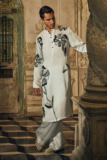 Shop_Mahima Mahajan_Blue Satin, Linen Embroidery Vedant Kurta And Pant Set _Online_at_Aza_Fashions