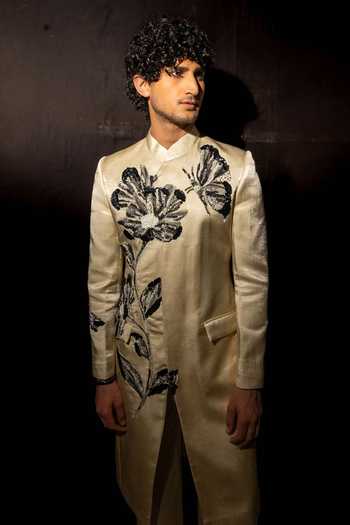 Shop_Mahima Mahajan_Off White Silk Embroidery Ritvik Hand Sherwani Set _Online_at_Aza_Fashions