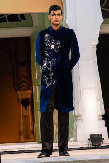 Buy_Mahima Mahajan_Navy Silk, Velvet Embroidery Ritik Sherwani Jacket And Trouser Set _Online_at_Aza_Fashions