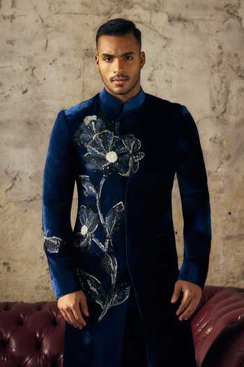 Shop_Mahima Mahajan_Navy Silk, Velvet Embroidery Ritik Sherwani Jacket And Trouser Set _Online_at_Aza_Fashions