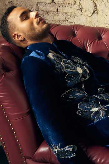 Mahima Mahajan_Navy Silk, Velvet Embroidery Ritik Sherwani Jacket And Trouser Set _at_Aza_Fashions