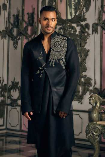 Buy Mahima Mahajan Black Silk, Bemberg, Linen, Satin Embroidery, Zari Abeer Bundi Kurta Set Online at Aza Fashions Buy_Mahima Mahajan_Black Silk, Bemberg, Linen, Satin Embroidery, Zari Abeer Bundi Kurta Set _Online_at_Aza_Fashions