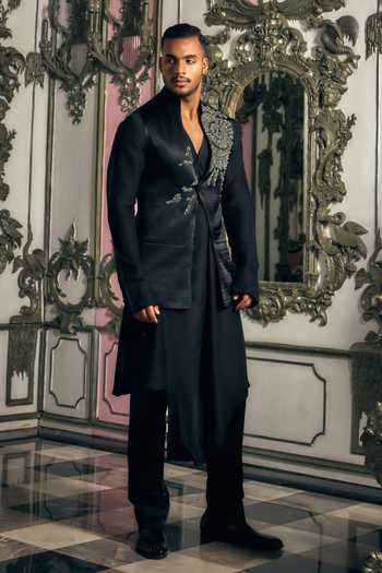 Shop Mahima Mahajan Black Silk, Bemberg, Linen, Satin Embroidery, Zari Abeer Bundi Kurta Set Online at Aza Fashions Shop_Mahima Mahajan_Black Silk, Bemberg, Linen, Satin Embroidery, Zari Abeer Bundi Kurta Set _Online_at_Aza_Fashions