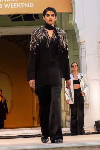 Mahima Mahajan_Black Silk, Velvet Stones, Crystals Tanish Sherwani And Trouser Set _Online_at_Aza_Fashions