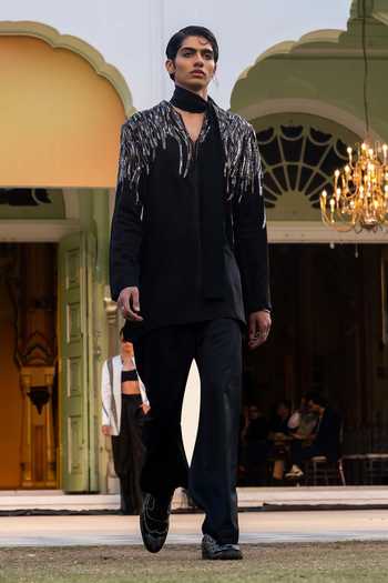 Buy_Mahima Mahajan_Black Silk, Velvet Stones, Crystals Tanish Sherwani And Trouser Set _Online_at_Aza_Fashions