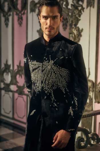 Shop_Mahima Mahajan_Black Silk, Velvet Stones, Crystals Tanish Sherwani And Trouser Set _Online_at_Aza_Fashions