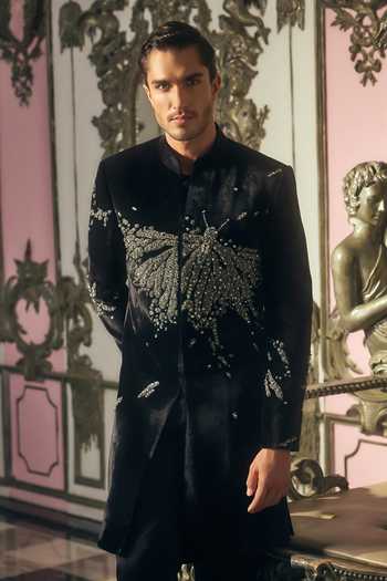 Mahima Mahajan_Black Silk, Velvet Stones, Crystals Tanish Sherwani And Trouser Set _at_Aza_Fashions