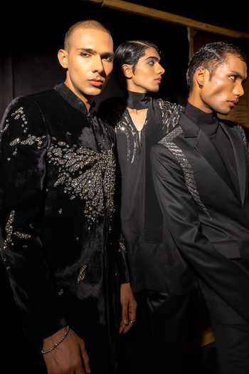 Buy_Mahima Mahajan_Black Silk, Velvet Stones, Crystals Tanish Sherwani And Trouser Set 