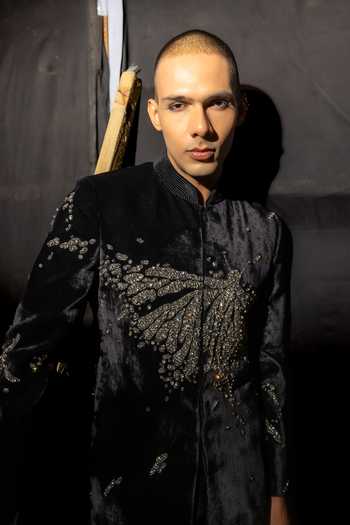 Shop_Mahima Mahajan_Black Silk, Velvet Stones, Crystals Tanish Sherwani And Trouser Set 
