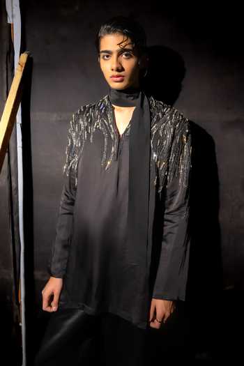 Buy_Mahima Mahajan_Black Satin, Linen Sequins Yug Embroidered Kurta And Trouser Set _Online_at_Aza_Fashions