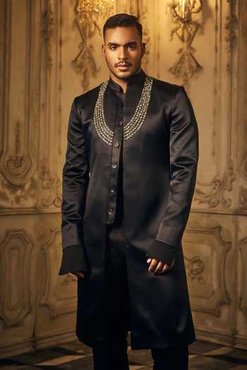 Shop_Mahima Mahajan_Black Satin, Linen Embroidery Ekveer Madrid Fabric Sherwani Set _Online_at_Aza_Fashions