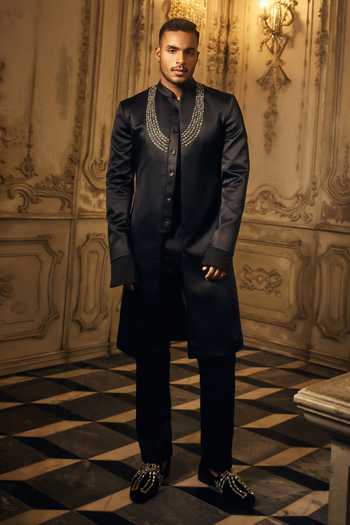 Mahima Mahajan_Black Satin, Linen Embroidery Ekveer Madrid Fabric Sherwani Set _at_Aza_Fashions