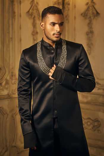 Buy_Mahima Mahajan_Black Satin, Linen Embroidery Ekveer Madrid Fabric Sherwani Set 