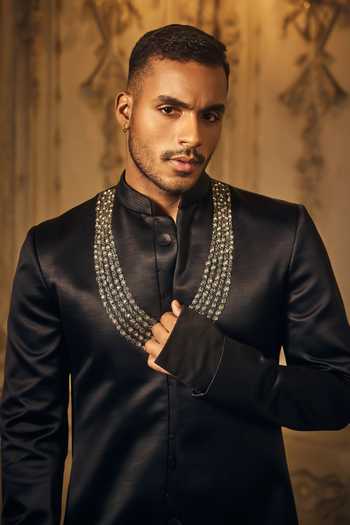 Shop_Mahima Mahajan_Black Satin, Linen Embroidery Ekveer Madrid Fabric Sherwani Set 