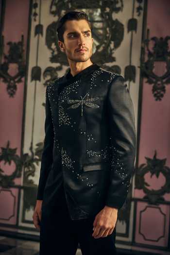 Mahima Mahajan_Black Stones, Crystals Ekansh Embroidered Bandhgala And Trouser Set _at_Aza_Fashions