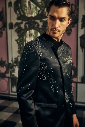 Buy_Mahima Mahajan_Black Stones, Crystals Ekansh Embroidered Bandhgala And Trouser Set 