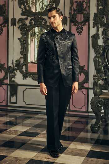 Shop_Mahima Mahajan_Black Stones, Crystals Ekansh Embroidered Bandhgala And Trouser Set 