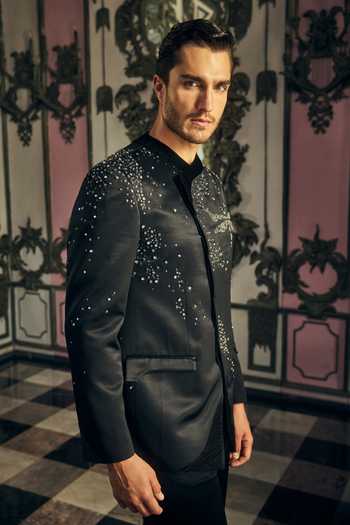 Buy_Mahima Mahajan_Black Sequins, Stones, Crystals Reyansh Embroidered Bandhgala _Online_at_Aza_Fashions