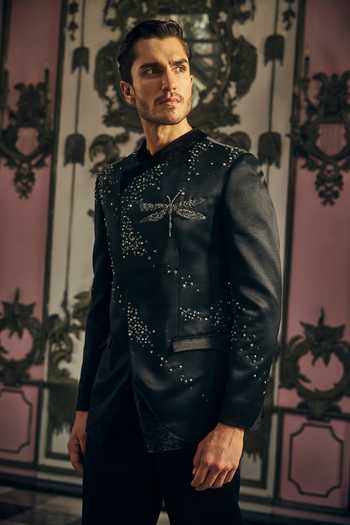 Shop_Mahima Mahajan_Black Sequins, Stones, Crystals Reyansh Embroidered Bandhgala _Online_at_Aza_Fashions