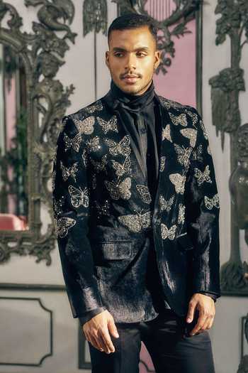 Mahima Mahajan_Black Silk, Velvet, Crepe, Satin, Linen Embroidery Vihaan Tuxedo Set _Online_at_Aza_Fashions