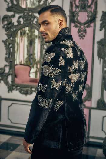 Buy_Mahima Mahajan_Black Silk, Velvet, Crepe, Satin, Linen Embroidery Vihaan Tuxedo Set _Online_at_Aza_Fashions
