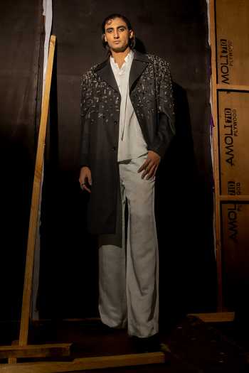 Mahima Mahajan_Black Cotton, Viscose Embroidery Mahir Abstract Trench Jacket _Online_at_Aza_Fashions