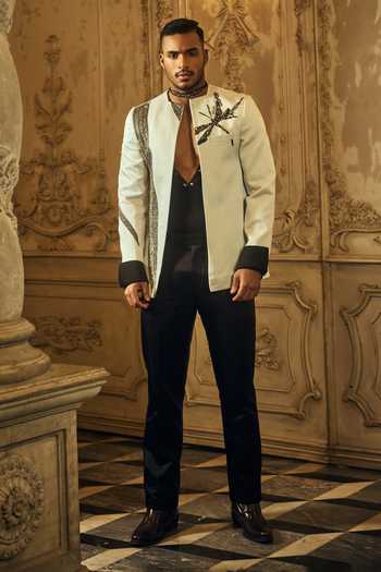 Mahima Mahajan_Blue Satin, Linen Embroidery Zayan Hand Jacket _Online_at_Aza_Fashions