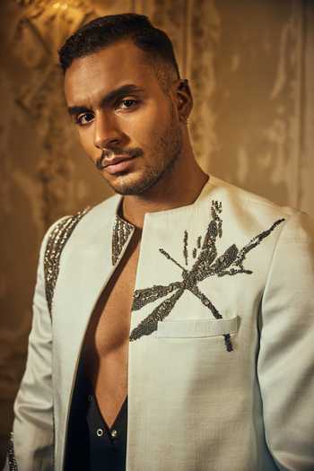 Mahima Mahajan_Blue Satin, Linen Embroidery Zayan Hand Jacket _at_Aza_Fashions