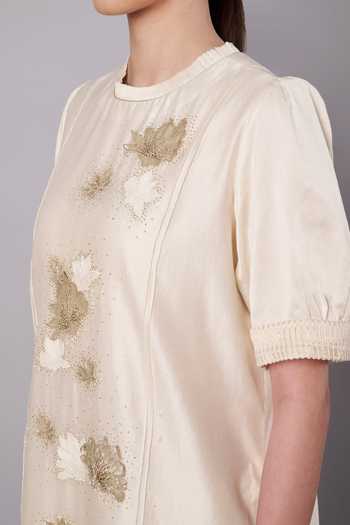 Doux Amour_Ivory Chanderi, Cotton, Tissue Embroidery, Aurora 3d Floral Kurta And Palazzo Set _Online_at_Aza_Fashions