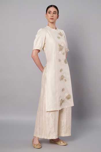 Buy_Doux Amour_Ivory Chanderi, Cotton, Tissue Embroidery, Aurora 3d Floral Kurta And Palazzo Set _Online_at_Aza_Fashions