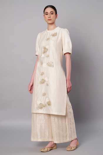 Shop_Doux Amour_Ivory Chanderi, Cotton, Tissue Embroidery, Aurora 3d Floral Kurta And Palazzo Set _Online_at_Aza_Fashions