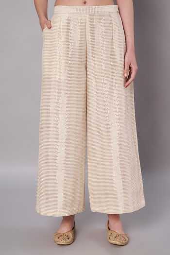 Buy_Doux Amour_Ivory Chanderi, Cotton, Tissue Embroidery, Aurora 3d Floral Kurta And Palazzo Set 