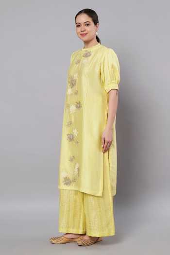 Doux Amour_Yellow Chanderi, Cotton, Tissue Aurora 3d Floral Kurta And Palazzo Set _Online_at_Aza_Fashions