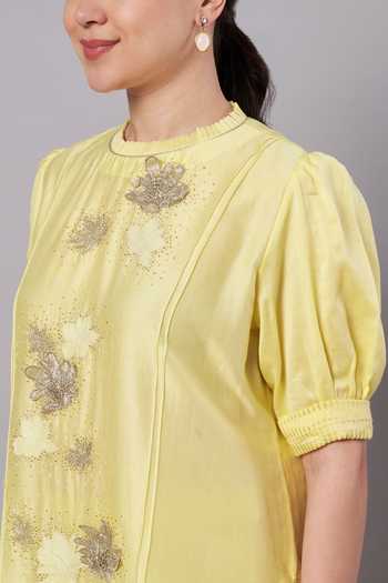 Buy_Doux Amour_Yellow Chanderi, Cotton, Tissue Aurora 3d Floral Kurta And Palazzo Set _Online_at_Aza_Fashions