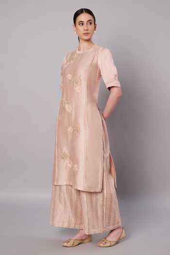 Buy_Doux Amour_Blush Chanderi, Cotton, Tissue Embroidery, Aurora 3d Floral Kurta And Palazzo Set _Online_at_Aza_Fashions