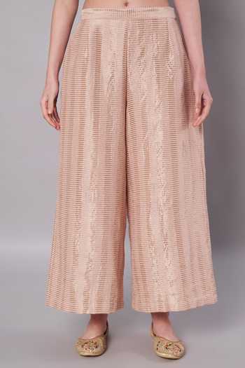 Shop_Doux Amour_Blush Chanderi, Cotton, Tissue Embroidery, Aurora 3d Floral Kurta And Palazzo Set _Online_at_Aza_Fashions