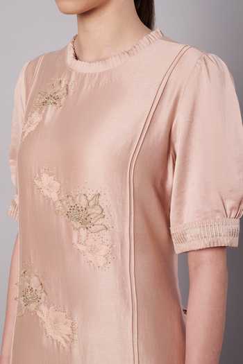Buy_Doux Amour_Blush Chanderi, Cotton, Tissue Embroidery, Aurora 3d Floral Kurta And Palazzo Set 