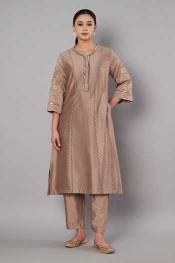 Doux Amour_Taupe Chanderi Applique, Embroidery, Beads Round Breeze Trail A-line Kurta Set _Online_at_Aza_Fashions
