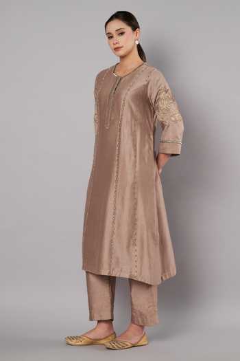 Buy_Doux Amour_Taupe Chanderi Applique, Embroidery, Beads Round Breeze Trail A-line Kurta Set _Online_at_Aza_Fashions