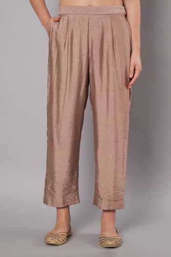 Shop_Doux Amour_Taupe Chanderi Applique, Embroidery, Beads Round Breeze Trail A-line Kurta Set _Online_at_Aza_Fashions