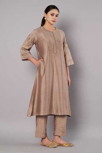 Doux Amour_Taupe Chanderi Applique, Embroidery, Beads Round Breeze Trail A-line Kurta Set _at_Aza_Fashions