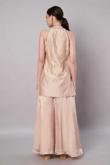 Buy_Doux Amour_Gold Chanderi, Organza, Satin Embroidery, Beads, Florale Kurta Sharara Set _Online_at_Aza_Fashions