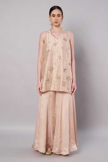 Shop_Doux Amour_Gold Chanderi, Organza, Satin Embroidery, Beads, Florale Kurta Sharara Set _Online_at_Aza_Fashions