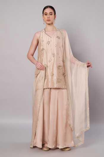Shop_Doux Amour_Gold Chanderi, Organza, Satin Embroidery, Beads, Florale Kurta Sharara Set 