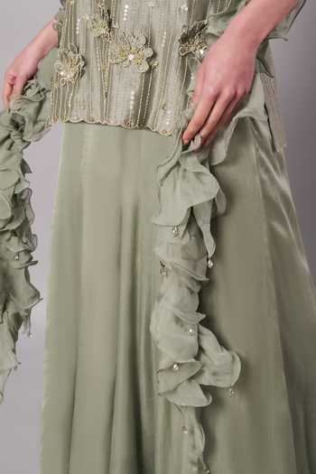 Buy_Doux Amour_Green Chanderi, Organza, Satin Applique, Embroidery, Beads Florale Kurta Set 