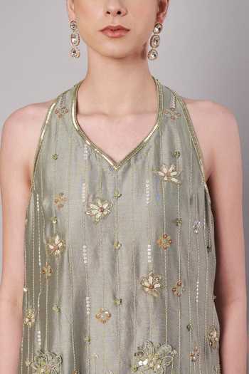 Shop_Doux Amour_Green Chanderi, Organza, Satin Applique, Embroidery, Beads Florale Kurta Set 