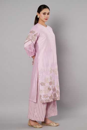 Shop_Doux Amour_Purple Chanderi, Tissue Applique, Beads, Petal Promise Embroidered Kurta Set _Online_at_Aza_Fashions